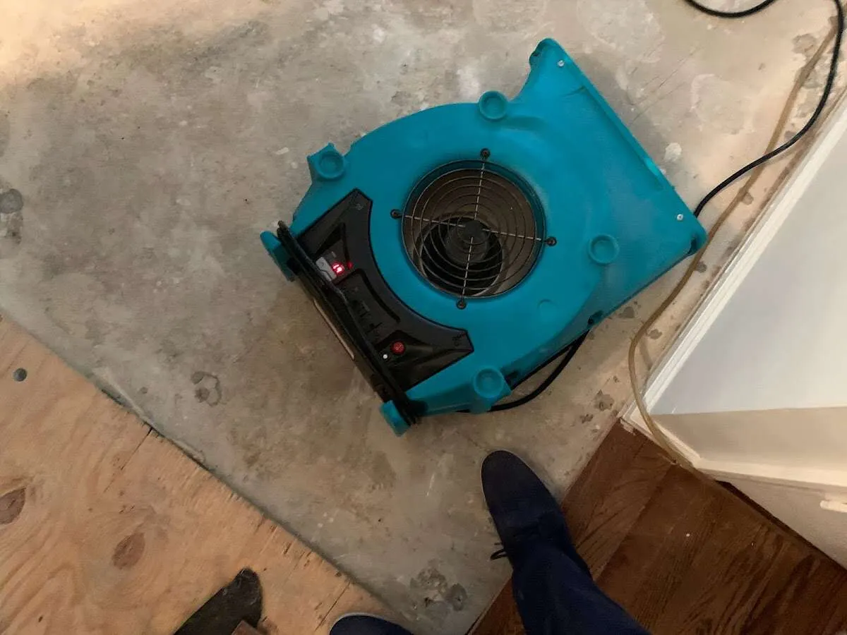 Air mover drying subfloor during Leak Detection & Repair in Sanger